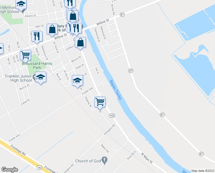 map of restaurants, bars, coffee shops, grocery stores, and more near 122 Oak Street in Franklin