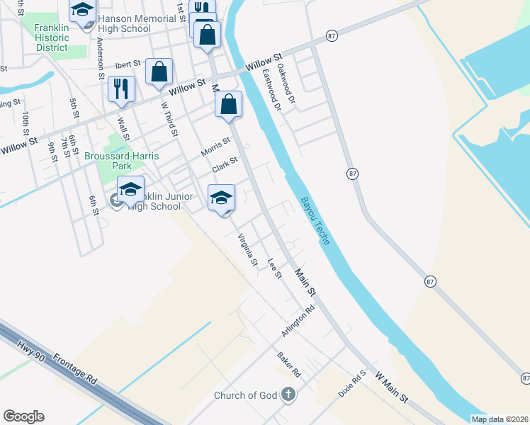 map of restaurants, bars, coffee shops, grocery stores, and more near 99 West Main Street in Franklin