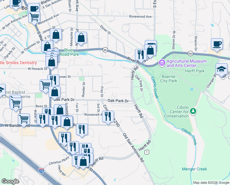 map of restaurants, bars, coffee shops, grocery stores, and more near 125 Green Meadows in Boerne