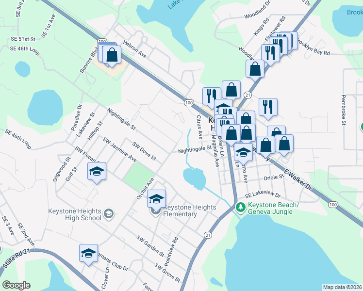 map of restaurants, bars, coffee shops, grocery stores, and more near 335 Orchid Avenue in Keystone Heights