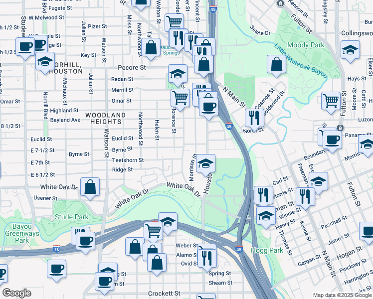 map of restaurants, bars, coffee shops, grocery stores, and more near 2801 Beauchamp Street in Houston