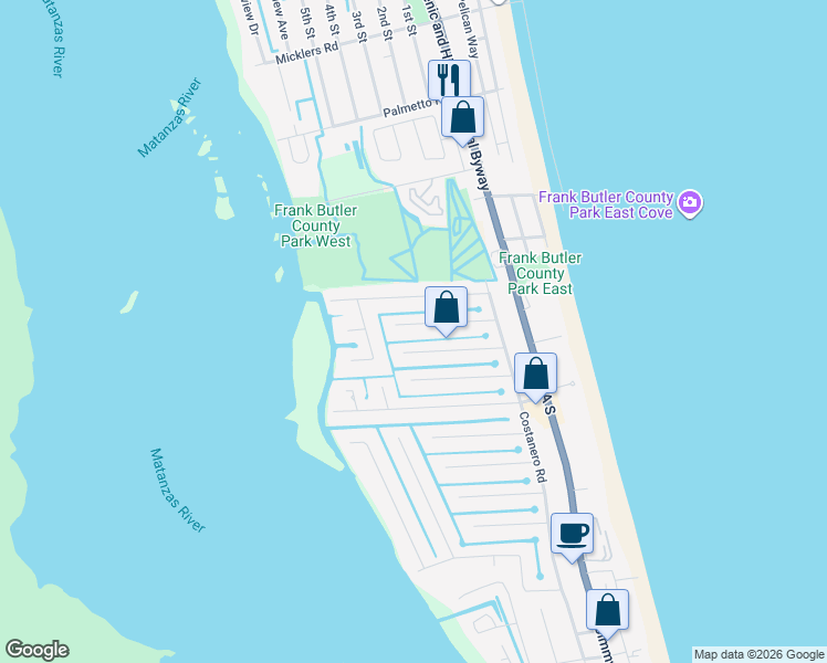 map of restaurants, bars, coffee shops, grocery stores, and more near 254 Pizarro Road in St. Augustine