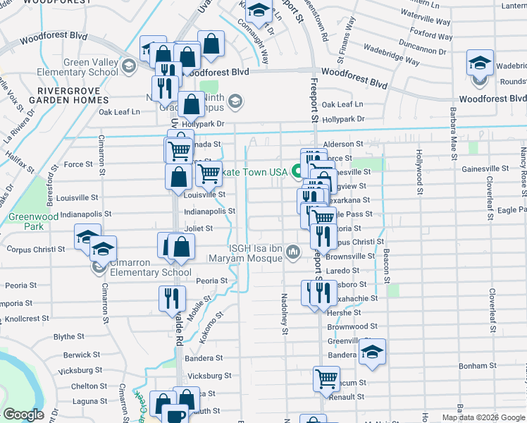 map of restaurants, bars, coffee shops, grocery stores, and more near 13734 Eagle Pass Street in Houston