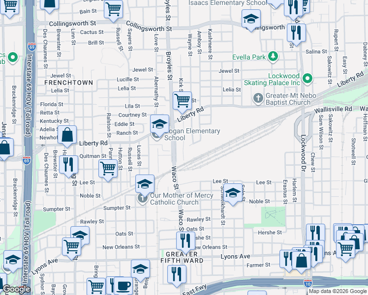 map of restaurants, bars, coffee shops, grocery stores, and more near 2201 Kirk Street in Houston