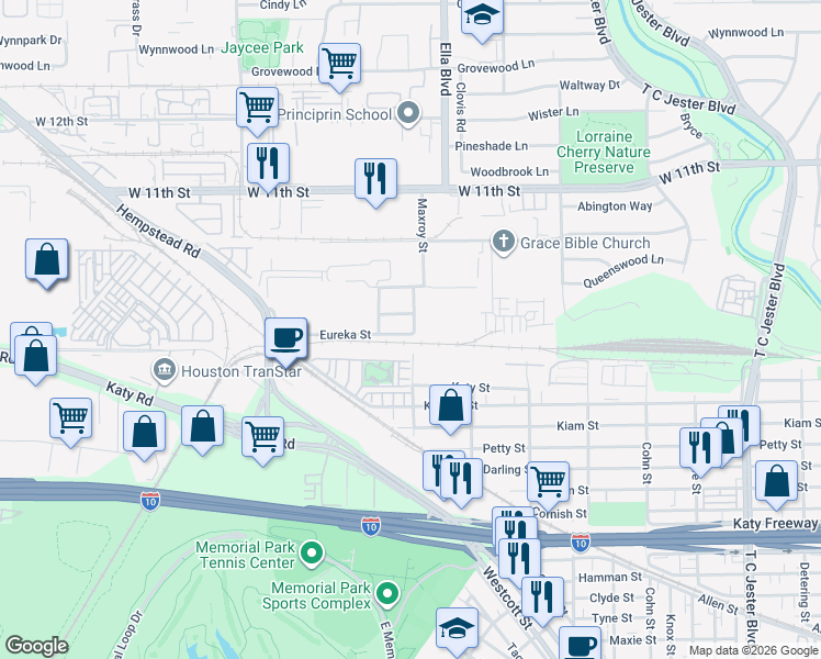 map of restaurants, bars, coffee shops, grocery stores, and more near 6603 Eureka Street in Houston