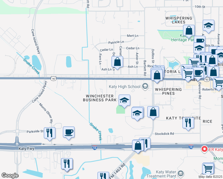 map of restaurants, bars, coffee shops, grocery stores, and more near 708 Alabama Street in Katy