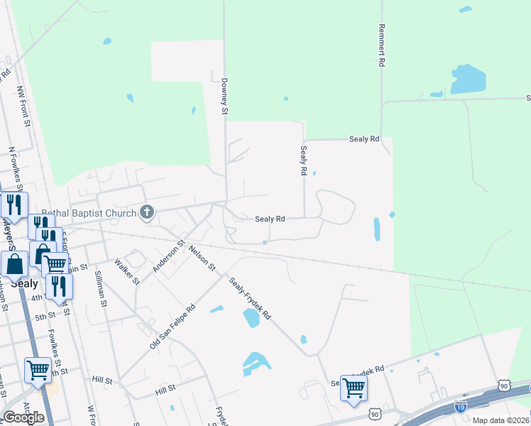 map of restaurants, bars, coffee shops, grocery stores, and more near 1030 Sealy Road in Sealy