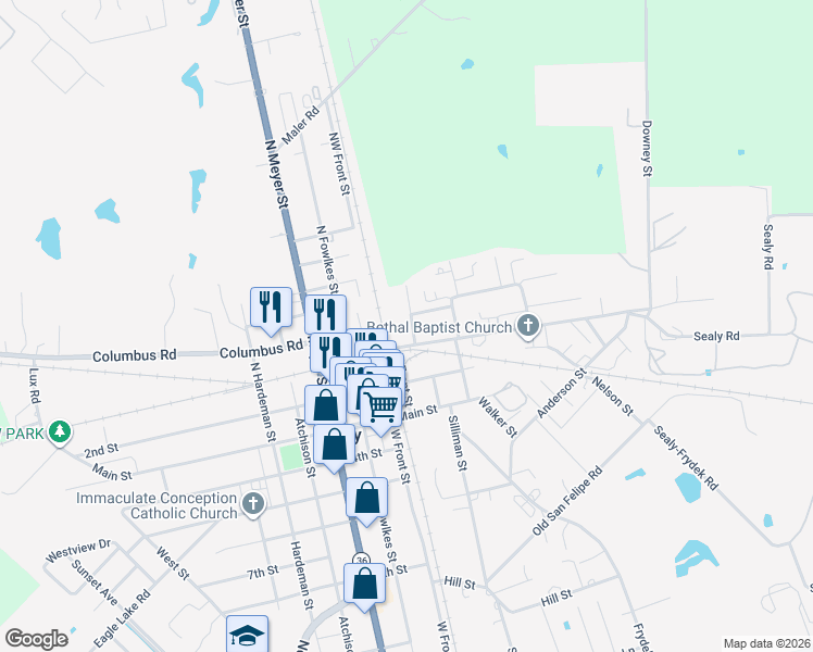 map of restaurants, bars, coffee shops, grocery stores, and more near 106 San Felipe Street in Sealy