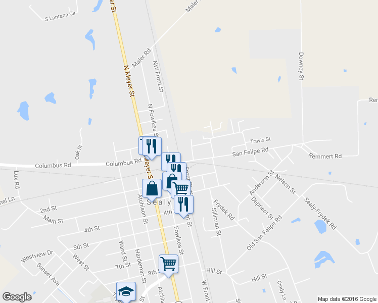 map of restaurants, bars, coffee shops, grocery stores, and more near 124 Menke Street in Sealy