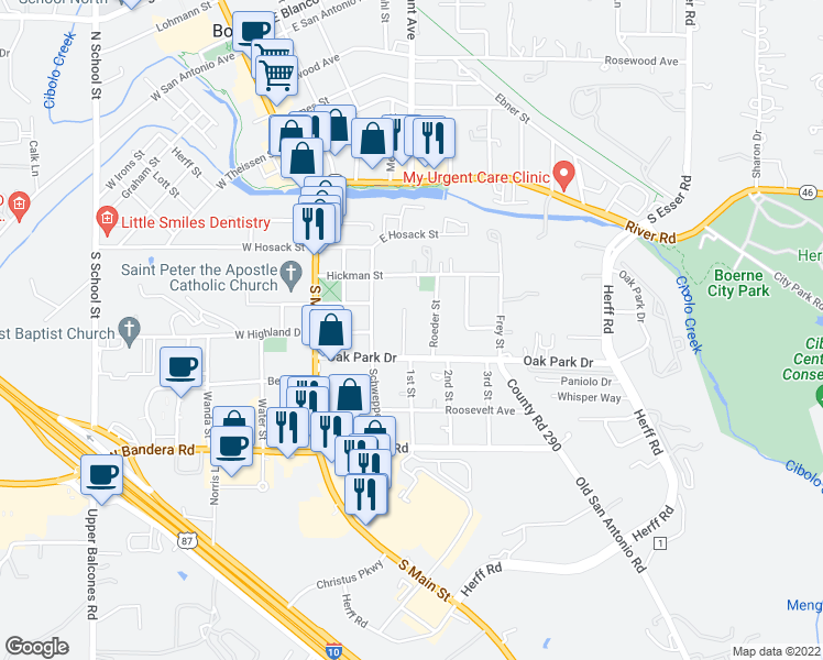 map of restaurants, bars, coffee shops, grocery stores, and more near 121 Kenwood Avenue in Boerne