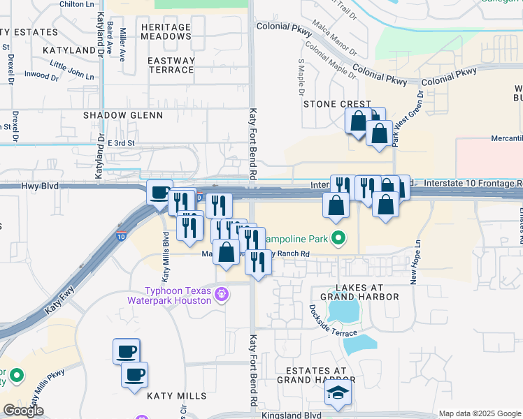 map of restaurants, bars, coffee shops, grocery stores, and more near 24985 Katy Freeway in Katy