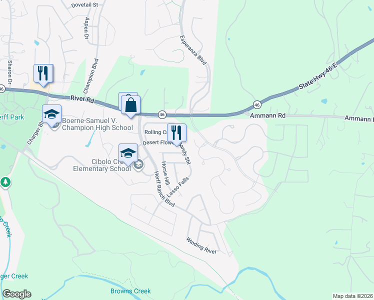 map of restaurants, bars, coffee shops, grocery stores, and more near 136 Dusty Corral in Boerne