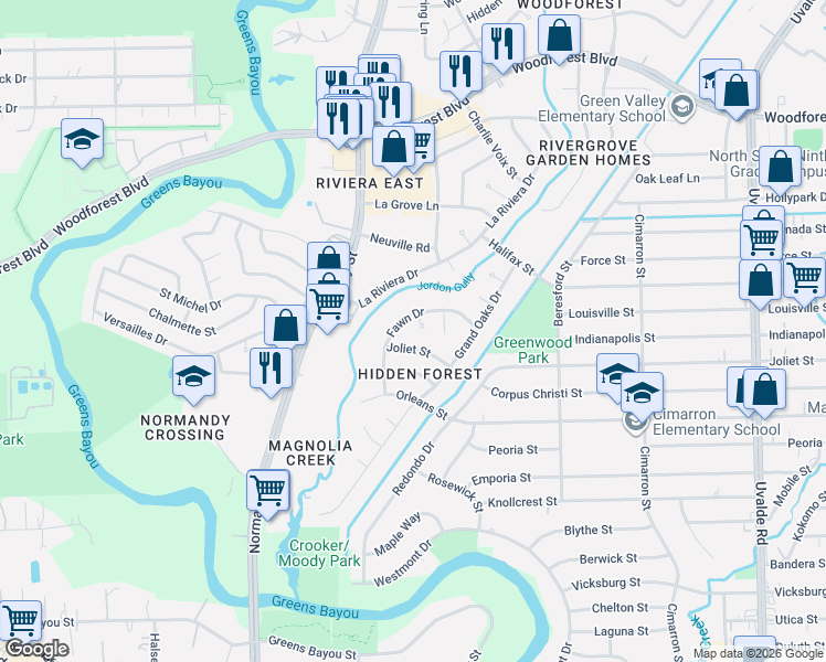 map of restaurants, bars, coffee shops, grocery stores, and more near 12814 Joliet Street in Houston