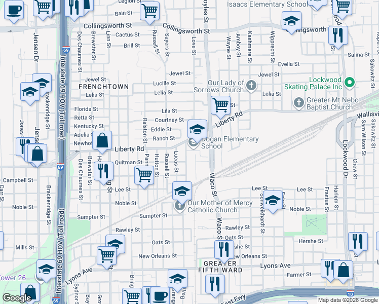map of restaurants, bars, coffee shops, grocery stores, and more near 2403 Leffingwell Street in Houston