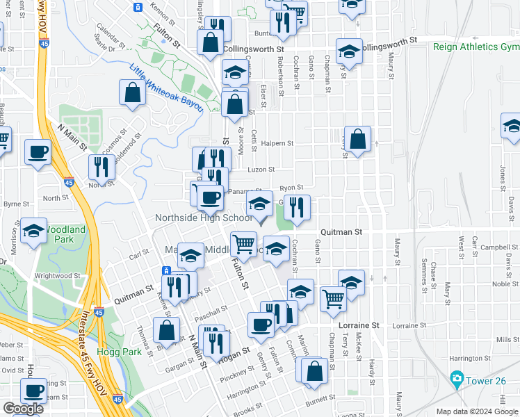 map of restaurants, bars, coffee shops, grocery stores, and more near 1101 Quitman Street in Houston