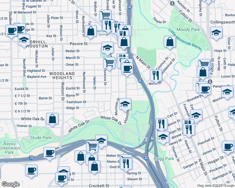 map of restaurants, bars, coffee shops, grocery stores, and more near 2812 Morrison Street in Houston