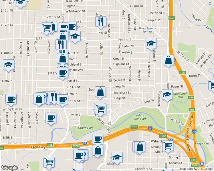 map of restaurants, bars, coffee shops, grocery stores, and more near 2810 Julian Street in Houston