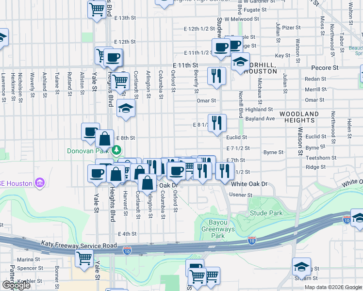 map of restaurants, bars, coffee shops, grocery stores, and more near 715 Mosby Circle in Houston
