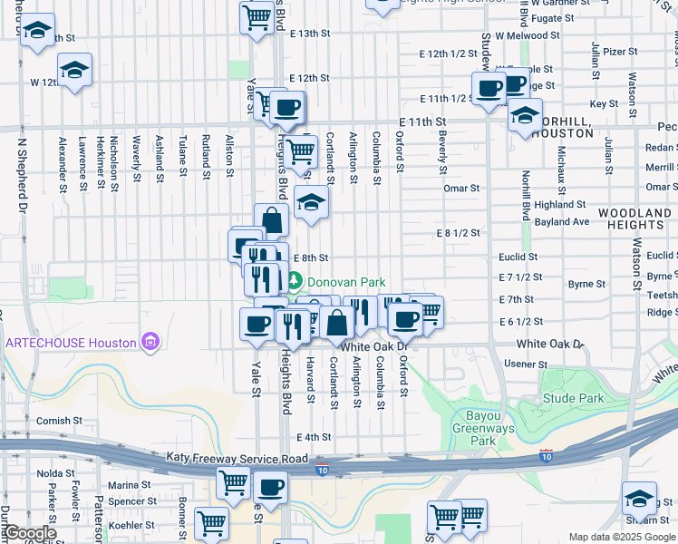 map of restaurants, bars, coffee shops, grocery stores, and more near 713 Cortlandt Street in Houston
