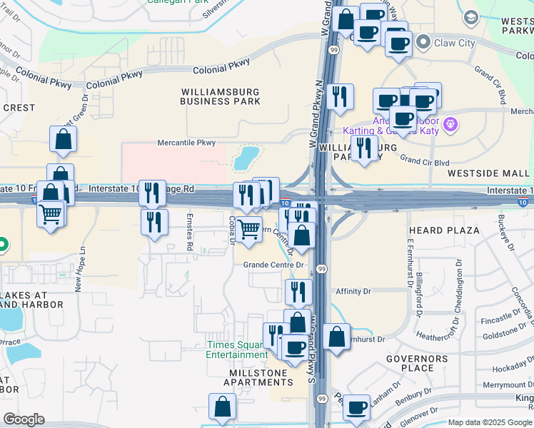 map of restaurants, bars, coffee shops, grocery stores, and more near 23663 Interstate 10 Frontage Road in Katy