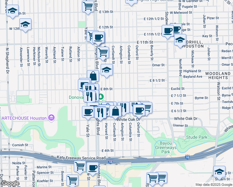 map of restaurants, bars, coffee shops, grocery stores, and more near 736 Cortlandt Street in Houston