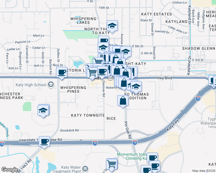 map of restaurants, bars, coffee shops, grocery stores, and more near 5719 Roberts Road in Katy