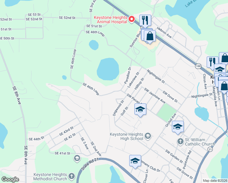 map of restaurants, bars, coffee shops, grocery stores, and more near 6860 Dogwood Circle in Keystone Heights