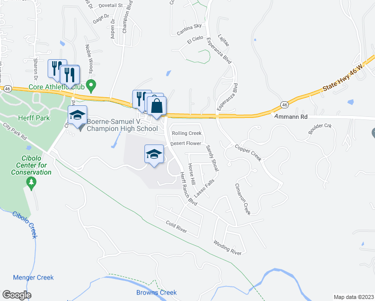 map of restaurants, bars, coffee shops, grocery stores, and more near 116 Lilly Creek in Boerne