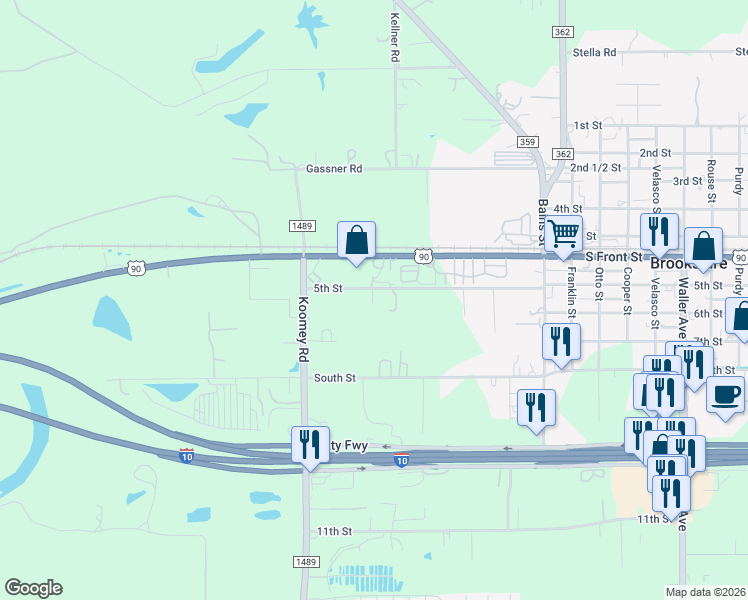 map of restaurants, bars, coffee shops, grocery stores, and more near 4927 5th Street in Brookshire