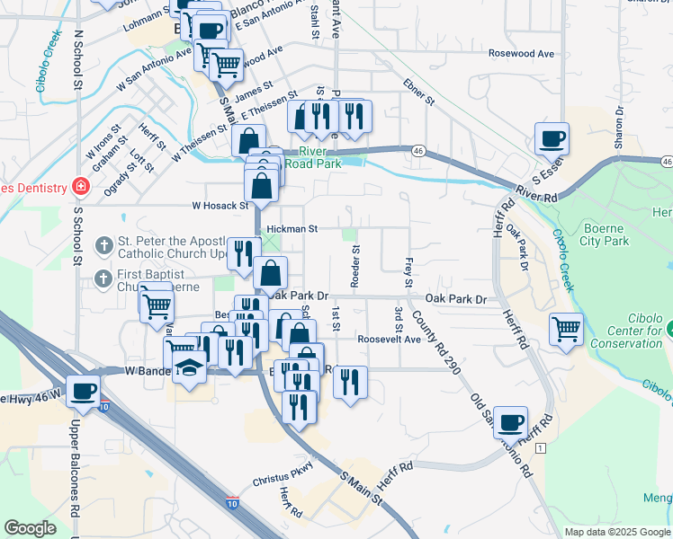 map of restaurants, bars, coffee shops, grocery stores, and more near 117 Kenwood Avenue in Boerne