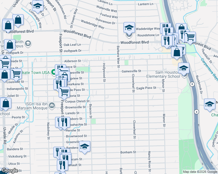 map of restaurants, bars, coffee shops, grocery stores, and more near 14143 Victoria Street in Houston