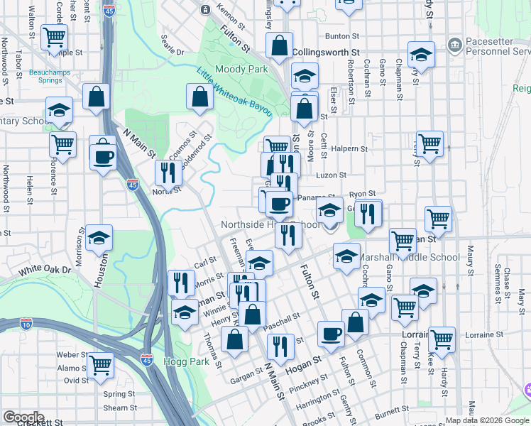map of restaurants, bars, coffee shops, grocery stores, and more near 906 Boundary Street in Houston