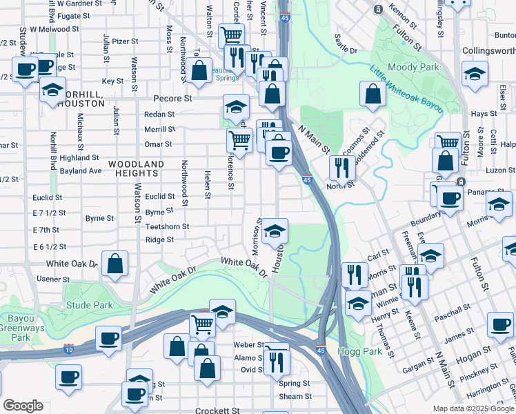 map of restaurants, bars, coffee shops, grocery stores, and more near 2812 Morrison Street in Houston