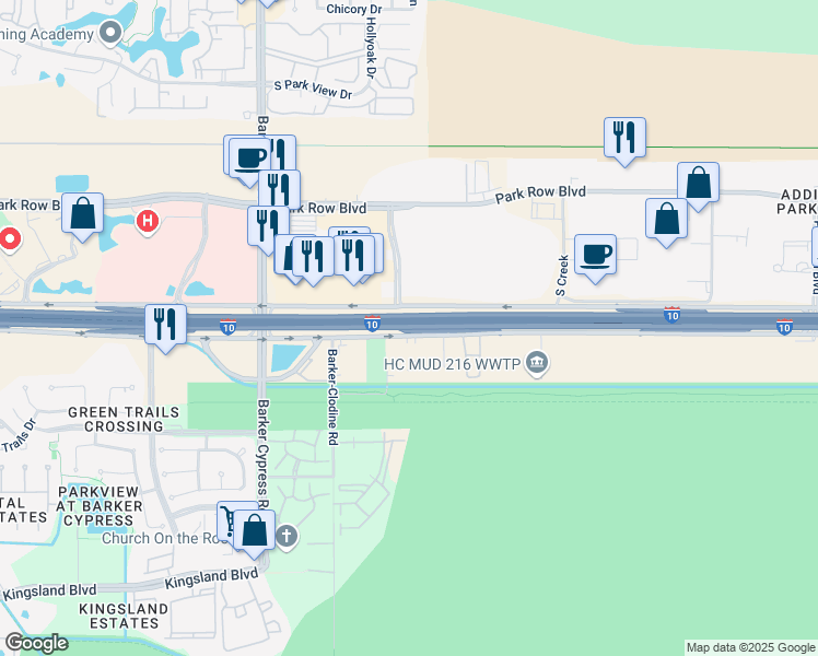 map of restaurants, bars, coffee shops, grocery stores, and more near 17113 Interstate 10 Frontage Road in Houston