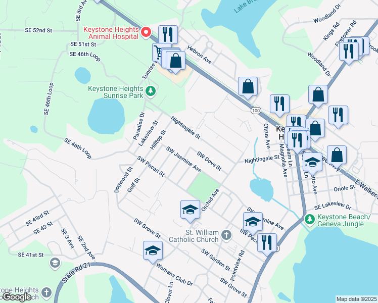 map of restaurants, bars, coffee shops, grocery stores, and more near 675 Southwest Jasmine Avenue in Keystone Heights
