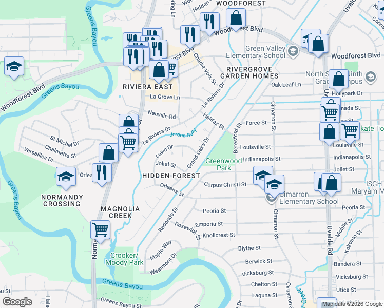 map of restaurants, bars, coffee shops, grocery stores, and more near 711 Grand Oaks Drive in Houston