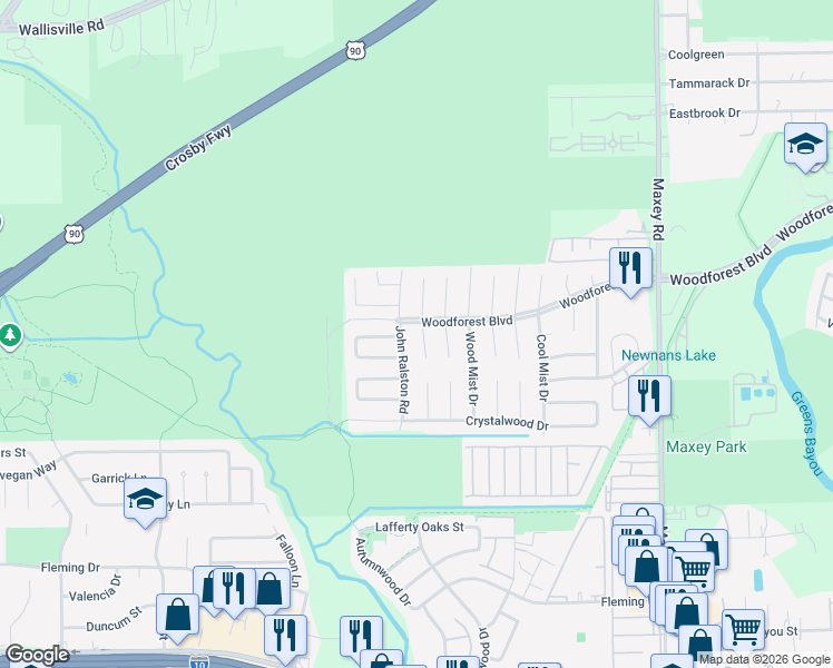 map of restaurants, bars, coffee shops, grocery stores, and more near 563 Slumberwood Drive in Houston