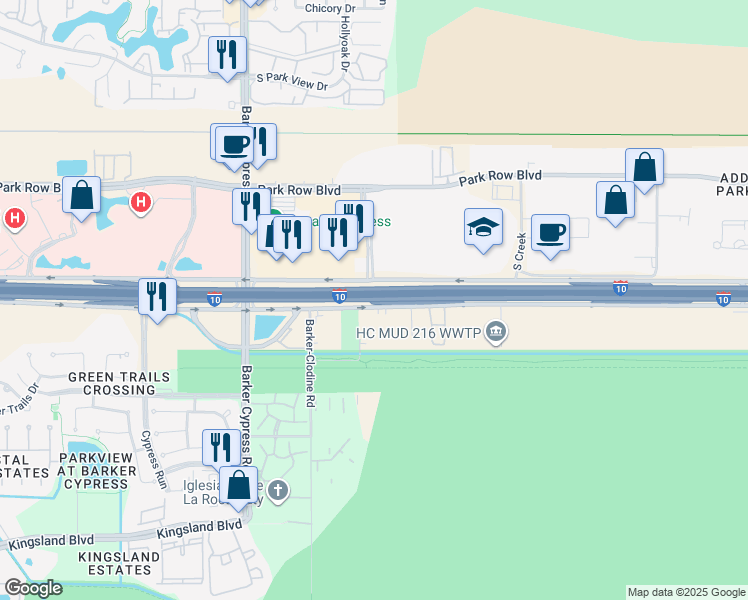 map of restaurants, bars, coffee shops, grocery stores, and more near 17420 Katy Freeway in Houston