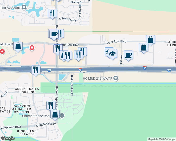 map of restaurants, bars, coffee shops, grocery stores, and more near 15011 Katy Freeway in Houston