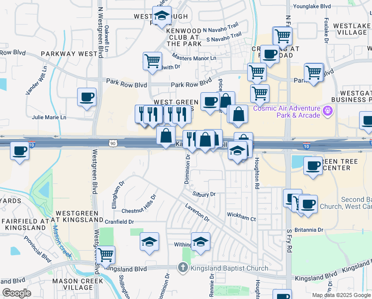 map of restaurants, bars, coffee shops, grocery stores, and more near 20501 Interstate 10 Frontage Road in Katy