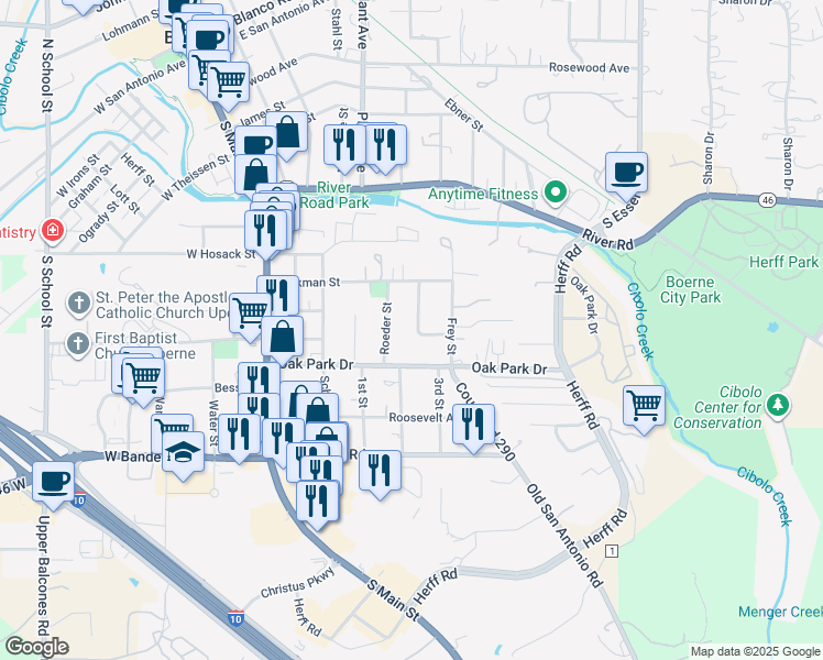 map of restaurants, bars, coffee shops, grocery stores, and more near 143 Roeder Street in Boerne