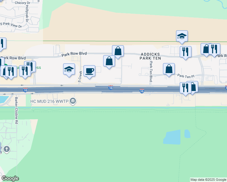 map of restaurants, bars, coffee shops, grocery stores, and more near 16290 Katy Freeway in Houston