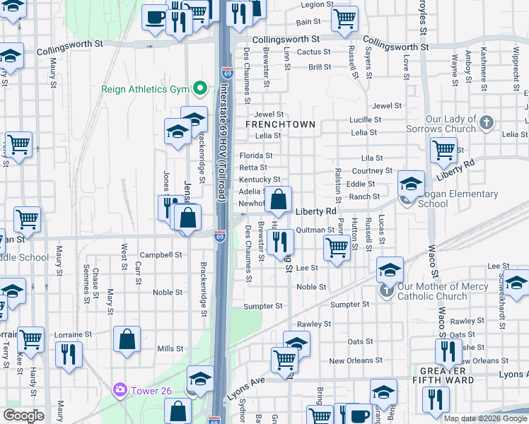 map of restaurants, bars, coffee shops, grocery stores, and more near 2600 Brewster Street in Houston