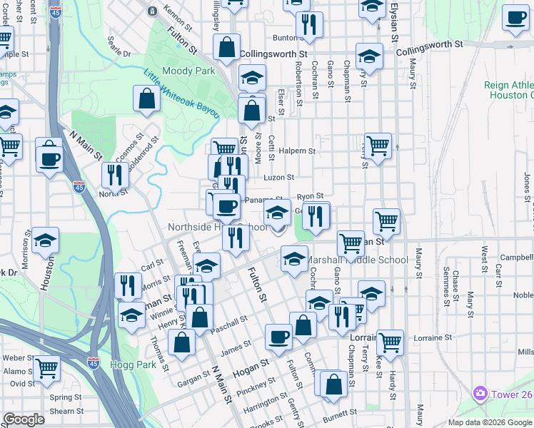 map of restaurants, bars, coffee shops, grocery stores, and more near 1116 Panama Street in Houston