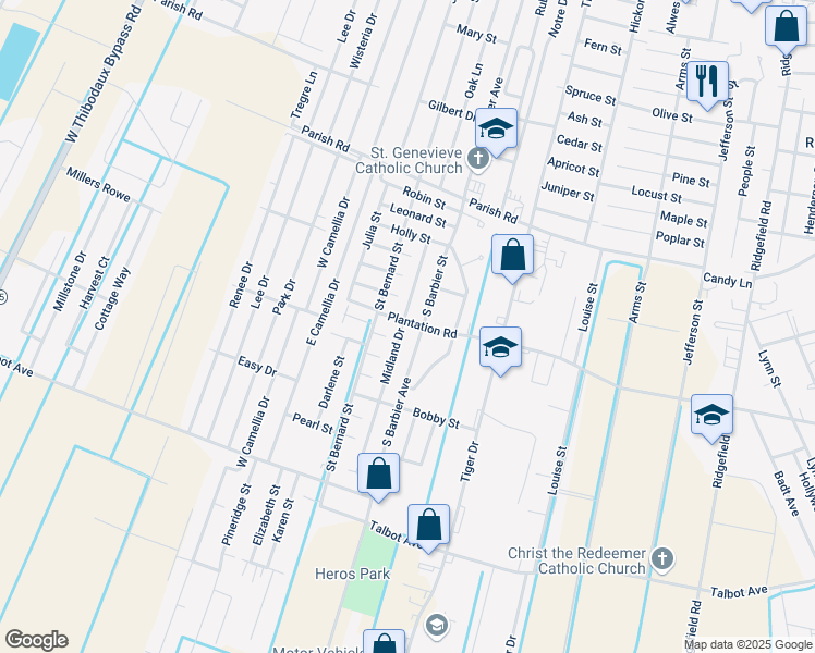 map of restaurants, bars, coffee shops, grocery stores, and more near 1701 Midland Drive in Thibodaux