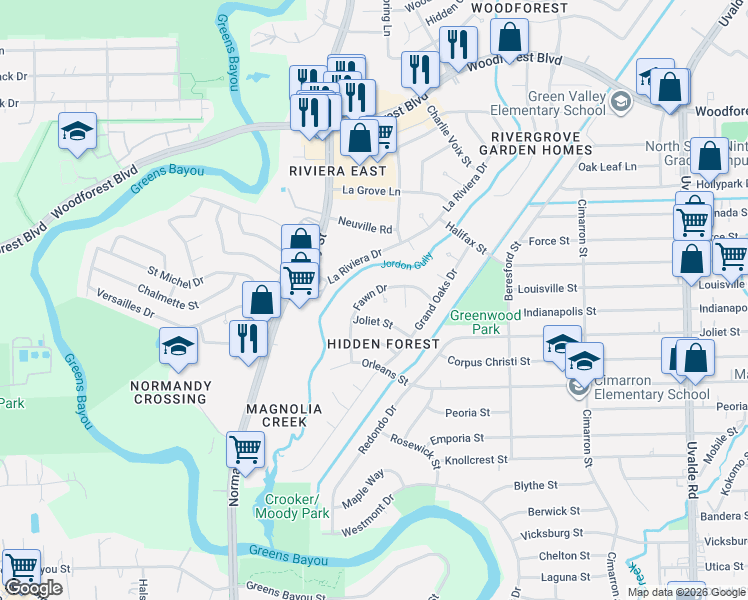 map of restaurants, bars, coffee shops, grocery stores, and more near 726 Fawn Drive in Houston