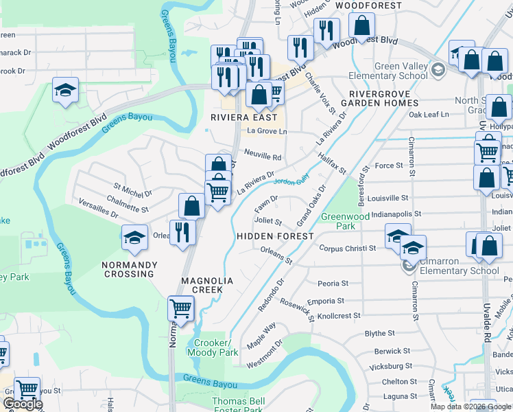 map of restaurants, bars, coffee shops, grocery stores, and more near 726 Fawn Drive in Houston