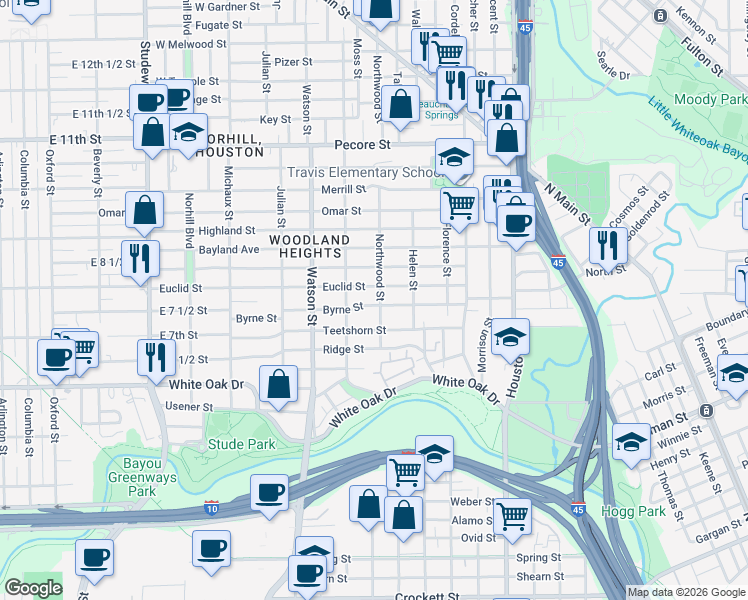 map of restaurants, bars, coffee shops, grocery stores, and more near 525 Euclid Street in Houston