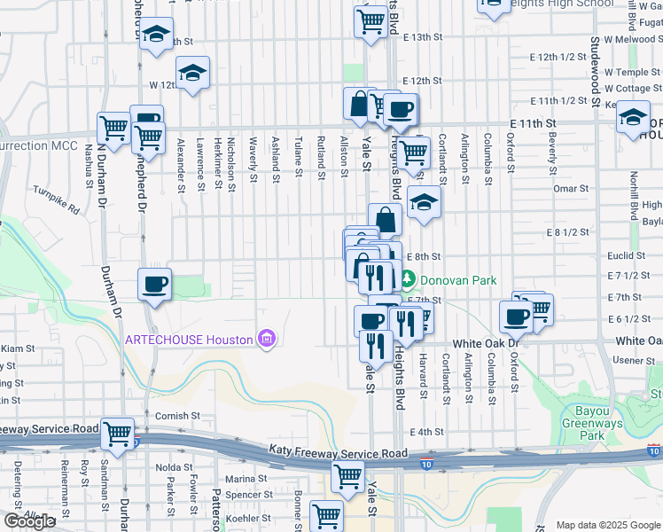 map of restaurants, bars, coffee shops, grocery stores, and more near 813 Allston Street in Houston