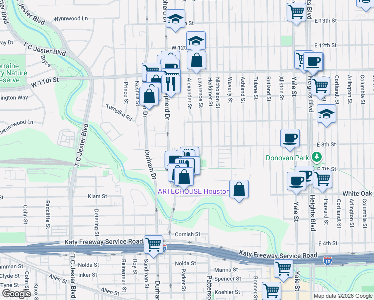 map of restaurants, bars, coffee shops, grocery stores, and more near 810 Alexander Street in Houston